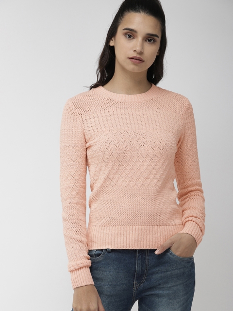 

FOREVER 21 Women Peach-Coloured Self Design Pullover Sweater