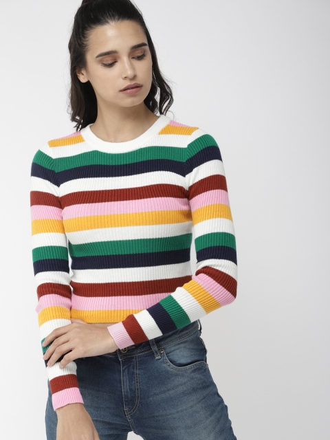 

FOREVER 21 Women Multicoloured Striped Pullover Cropped Sweater, Multi