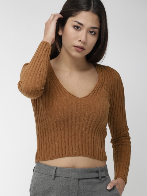 

FOREVER 21 Women Camel Brown Ribbed Crop Sweater