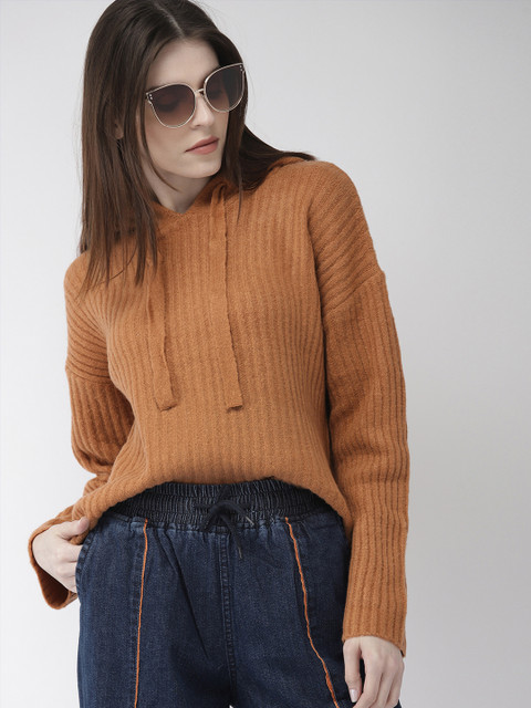 

FOREVER 21 Women Brown Solid Hooded Sweater
