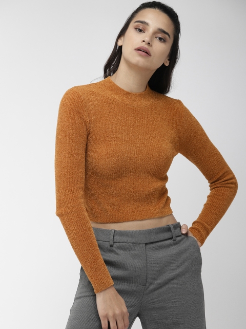 

FOREVER 21 Women Mustard Brown Ribbed Cropped Sweater