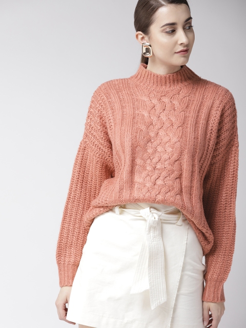 

FOREVER 21 Women Peach-Coloured Cable Knitted Pullover