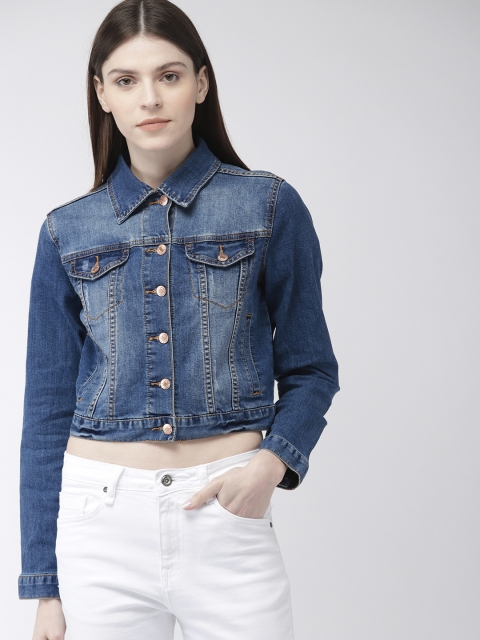 

FOREVER 21 Women Blue Solid Cropped Denim Jacket
