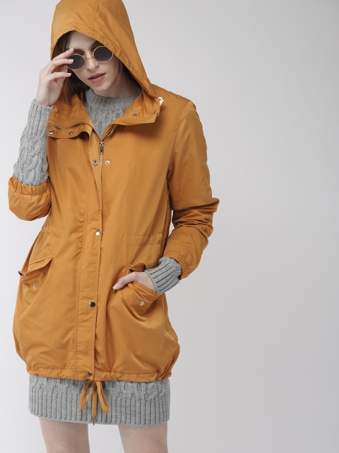 

FOREVER 21 Women Mustard Yellow Solid Hooded Tailored Jacket