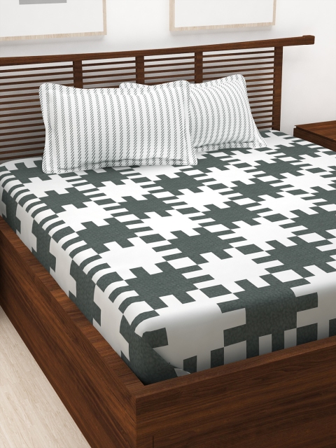 

Story@home White & Grey Abstract 144 TC Cotton 1 Queen Bedsheet with 2 Pillow Covers