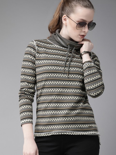 

Roadster Women Charcoal Grey & Cream-Coloured Striped Pullover Sweatshirt