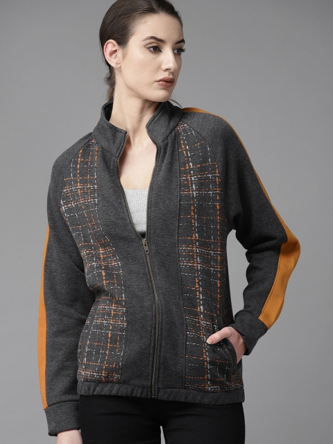 

Roadster Women Charcoal Grey & Mustard Yellow Checked Sweatshirt