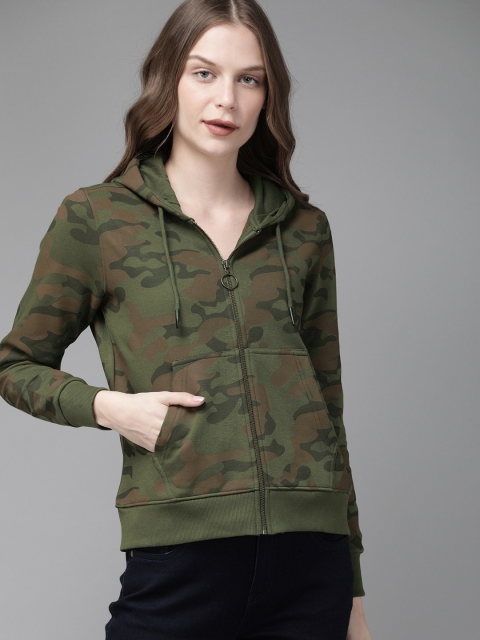 

Roadster Women Olive Green & Brown Printed Hooded Sweatshirt