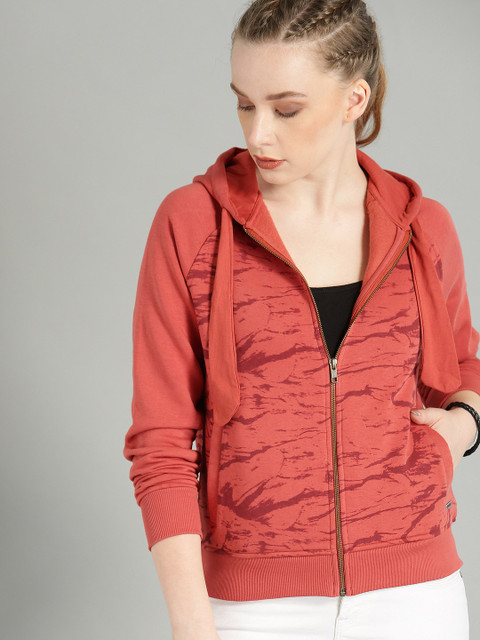 

Roadster Women Orange & Maroon Pink Printed Hooded Sweatshirt