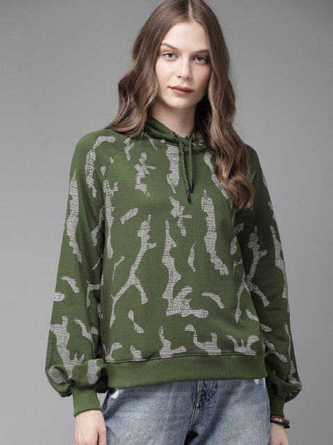 

Roadster Women Olive Green & Grey Printed Hooded Sweatshirt