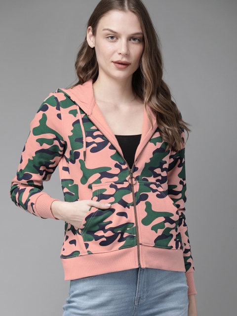

Roadster Women Peach-Coloured & Green Printed Hooded Sweatshirt