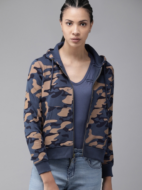 

Roadster Women Navy Blue & Beige Printed Hooded Sweatshirt