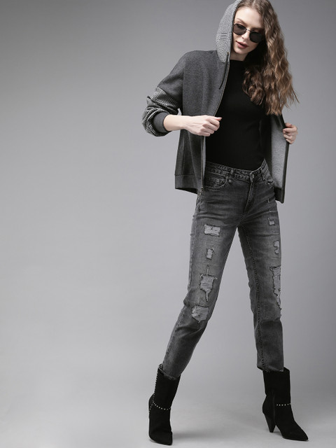 

Roadster Women Charcoal Solid Hooded Sweatshirt