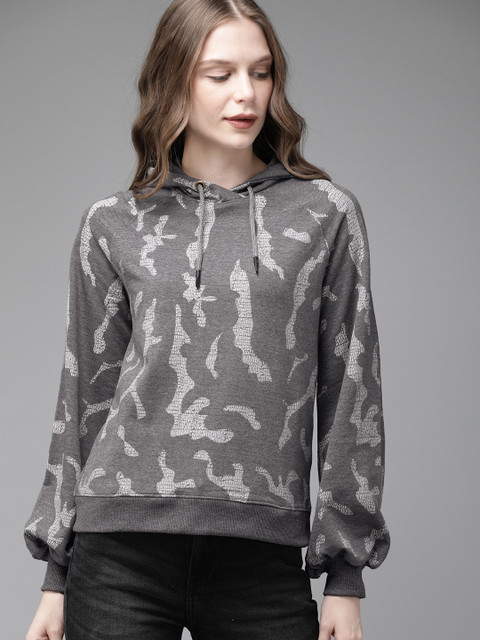 

Roadster Women Grey Printed Hooded Sweatshirt
