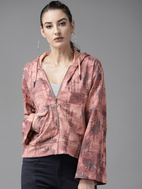 

Roadster Women Pink & Charcoal Grey Printed Hooded Sweatshirt