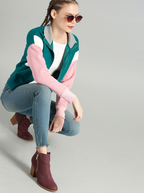 

Roadster Women Teal Blue & White Colourblocked Sweatshirt
