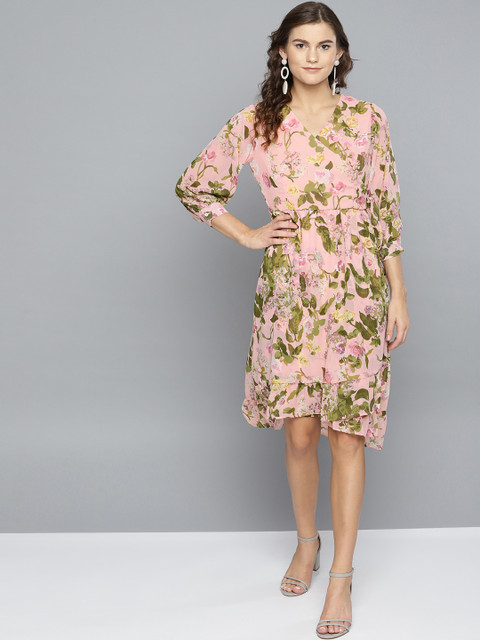 

RARE Women Pink & Green Printed Wrap Dress