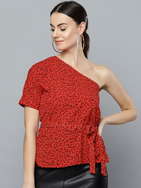 RARE Women Red Printed One Shoulder Cinched Top With Belt