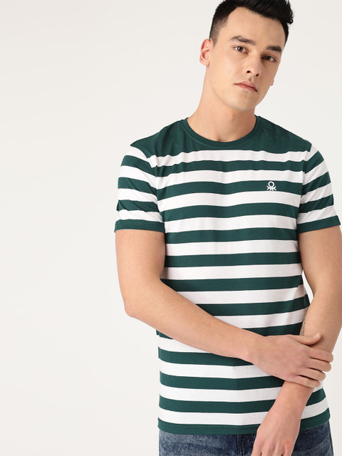 

United Colors of Benetton Men Teal Green & Striped Round Neck T-shirt