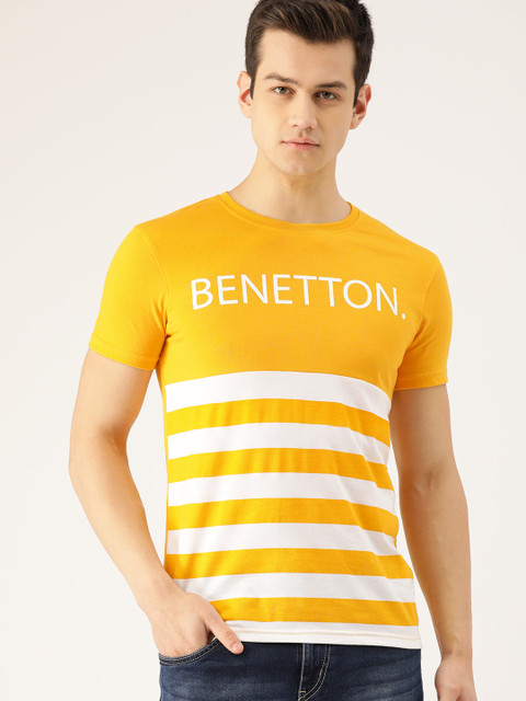 

United Colors of Benetton Men Yellow & White Striped Round Neck T-shirt