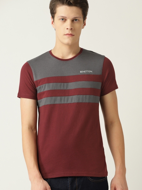 

United Colors of Benetton Men Burgundy & Charcoal Grey Striped Round Neck T-shirt