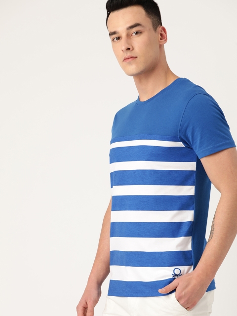 

United Colors of Benetton Men Blue & White Striped Round Neck T-shirt