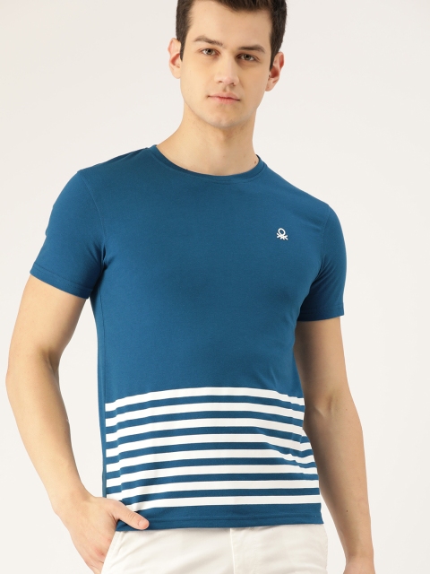 

United Colors of Benetton Men Teal Blue & White Striped Round Neck T-shirt