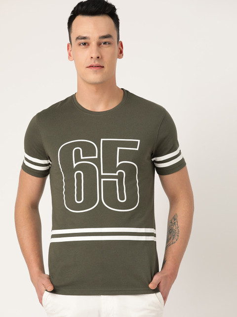 

United Colors of Benetton Men Olive Green & White Printed Round Neck T-shirt