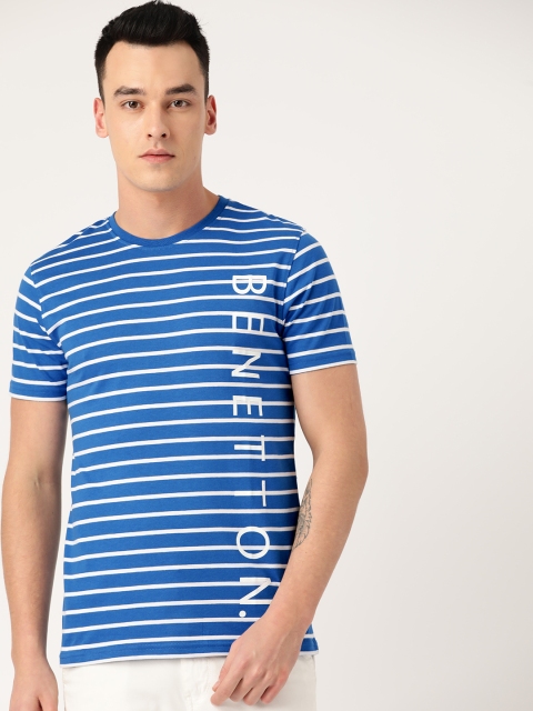 

United Colors of Benetton Men Blue & White Striped Round Neck T-shirt