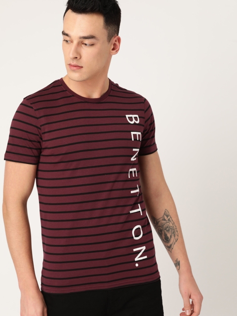 

United Colors of Benetton Men Burgundy & Black Striped Round Neck T-shirt