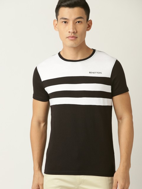 

United Colors of Benetton Men Black & White Striped Round Neck T-shirt