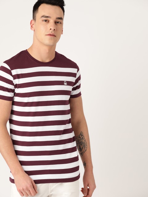 

United Colors of Benetton Men Burgundy & White Striped Round Neck T-shirt