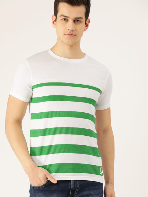 

United Colors of Benetton Men White & Green Striped Round Neck T-shirt