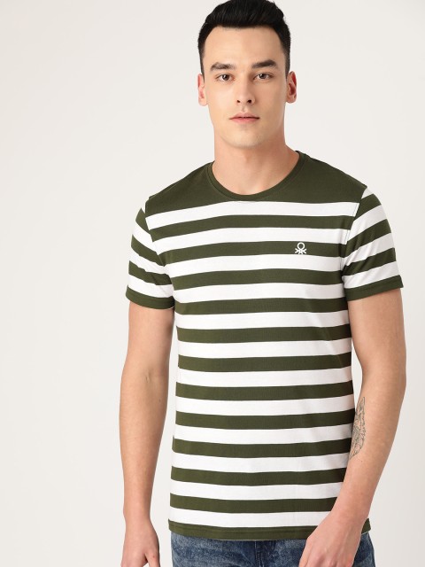 

United Colors of Benetton Men Olive Green & White Striped Round Neck T-shirt