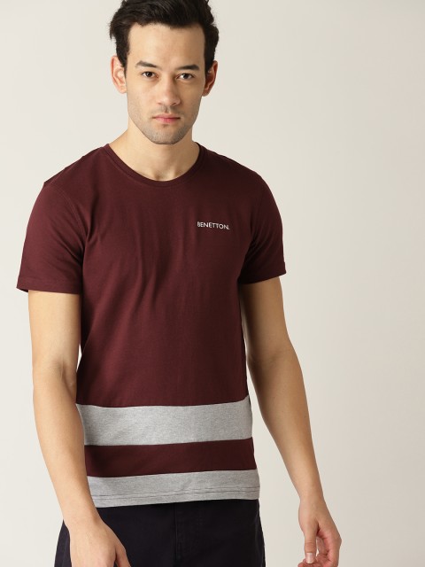 

United Colors of Benetton Men Burgundy & Grey Melange Striped Detail Round Neck T-shirt
