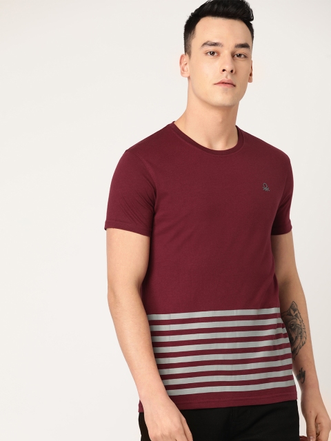 

United Colors of Benetton Men Maroon & Grey Striped Round Neck T-shirt