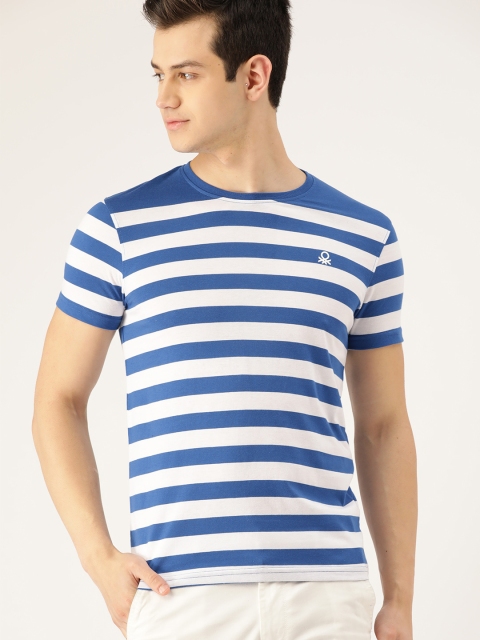 

United Colors of Benetton Men Blue & White Striped Round Neck T-shirt