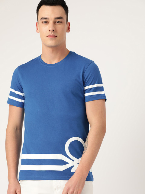

United Colors of Benetton Men Blue & White Printed Round Neck T-shirt