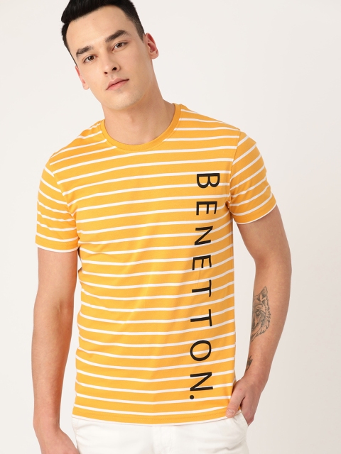 

United Colors of Benetton Men Yellow & White Striped Round Neck T-shirt