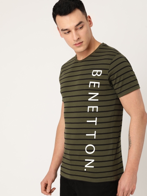 

United Colors of Benetton Men Olive Green & Black Striped Round Neck T-shirt