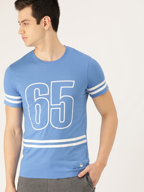 

United Colors of Benetton Men Blue & White Printed Round Neck T-shirt