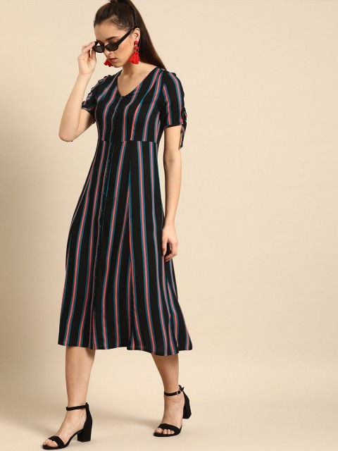 

DressBerry Women Black & Orange Striped Fit and Flare Dress