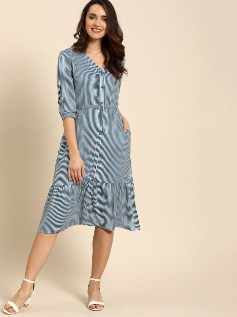 

DressBerry Women Blue & White Striped Fit and Flare Dress