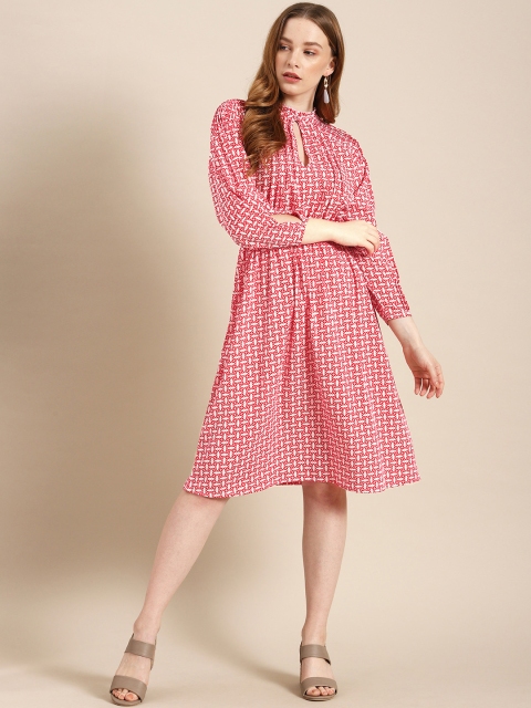 

DressBerry Women Red & White Printed A-Line Dress