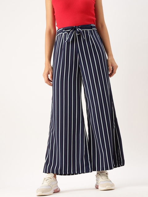 

DressBerry Women Navy Blue & White Regular Fit Striped Parallel Trousers