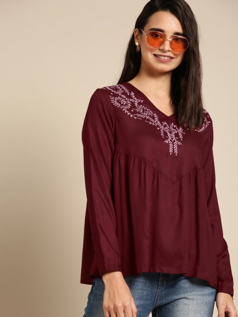 

DressBerry Women Maroon Embroidered Semi Sheer Boxy Top