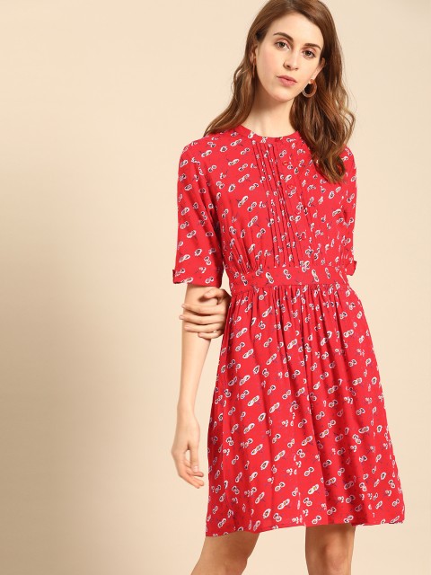 

DressBerry Women Red & White Floral Print Fit and Flare Dress