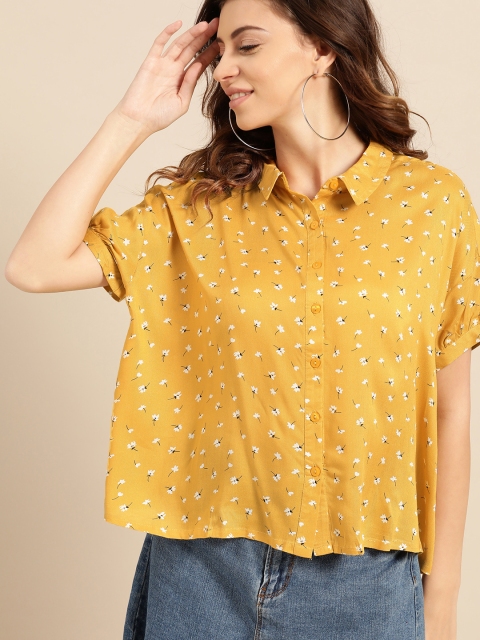 

DressBerry Women Mustard Yellow & White Regular Fit Printed Casual Shirt