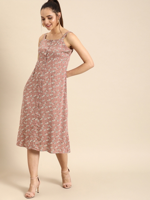 

DressBerry Women Pink Floral Print A-Line Midi Dress with Shoulder Straps