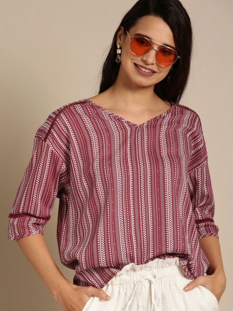 

DressBerry Women Maroon & White Striped Boxy Top